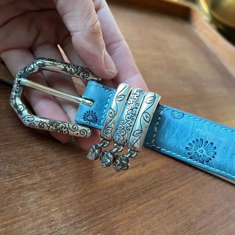 Brighton Blue Floral Tooled Leather Belt Charm Western Boho Y2K ML 32
